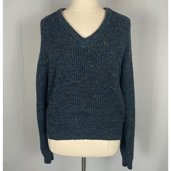 Vintage V Neck Sweater Size XL Blue Pullover Chunky Rib Knit Speckled 80s 90s - Picture 1 of 10